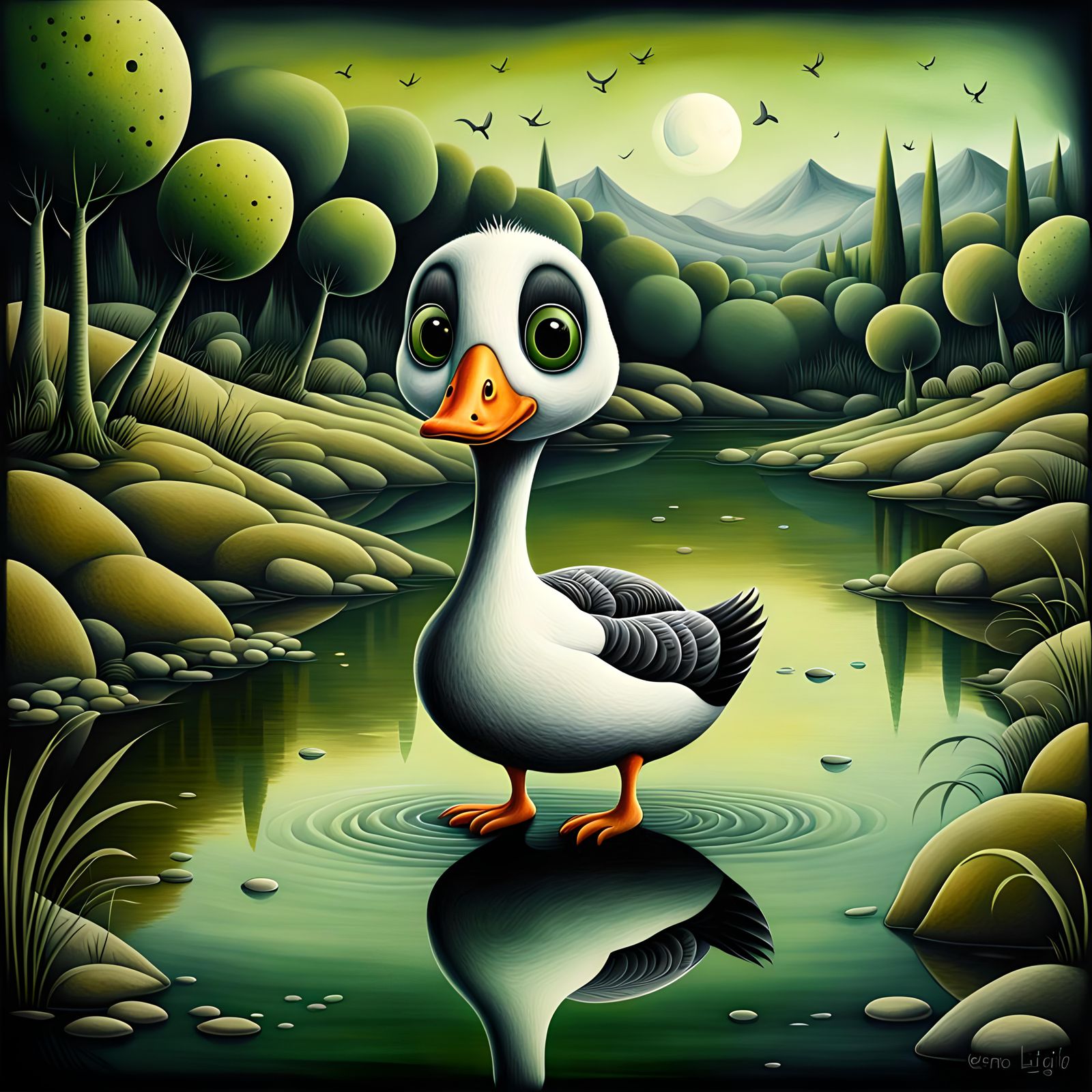 Cute Goose on Riverbank: Surrealist Digital Art