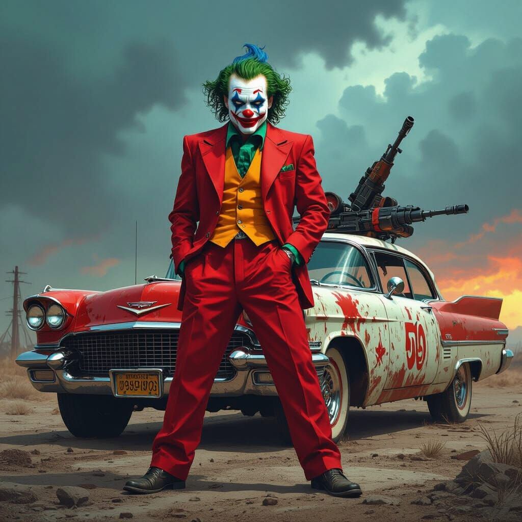 Joker Clown Warrior in Zoot Suit with Battle Cadillac