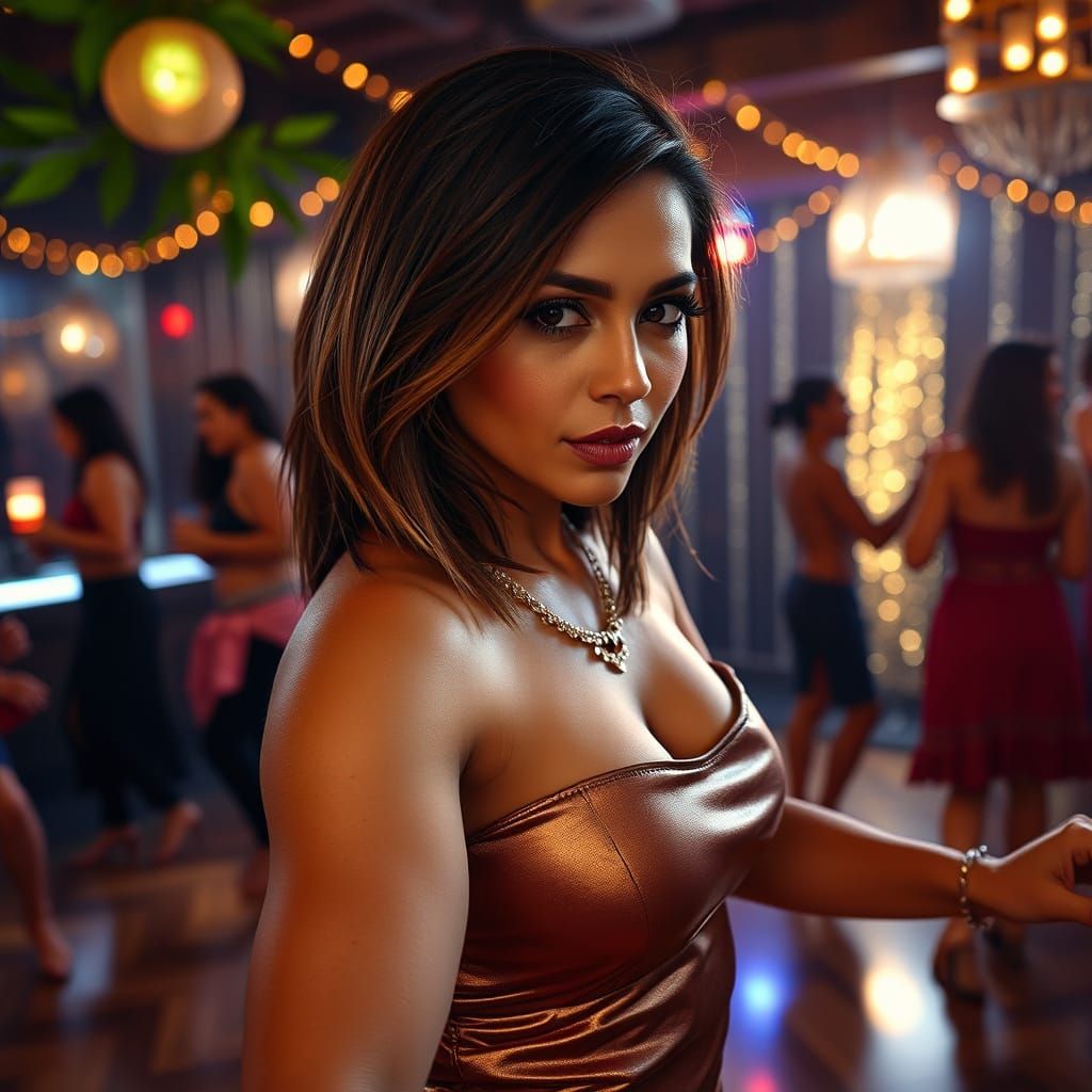 Latina Dancer in Bronze Leather Top on Dance Floor