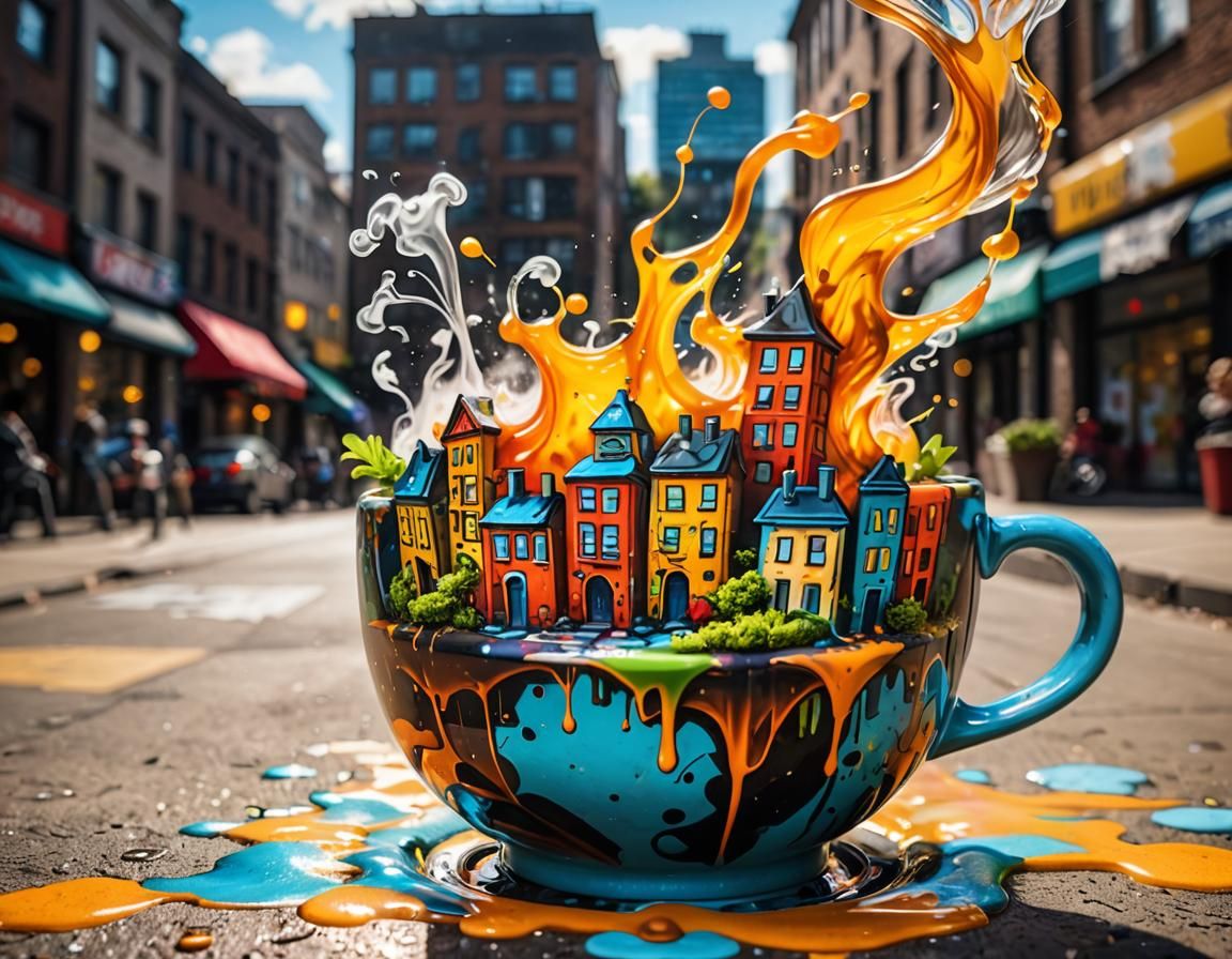 Miniature Cityscape in Teacup as Graffiti Art