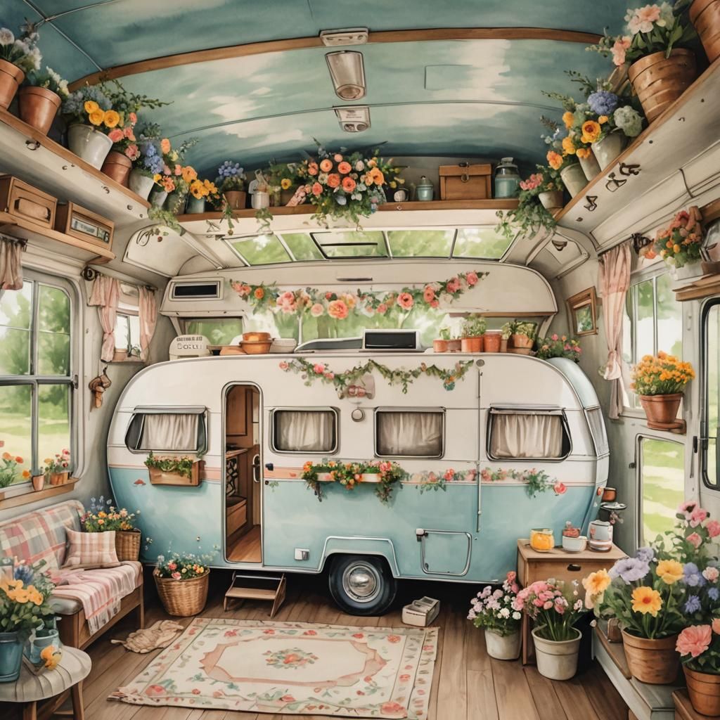 Cozy Vintage Camper with Floral Decorations as Watercolor