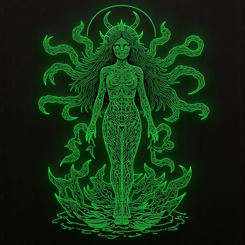 Psychedelic Neon Goddess Body with Glowing White Veins