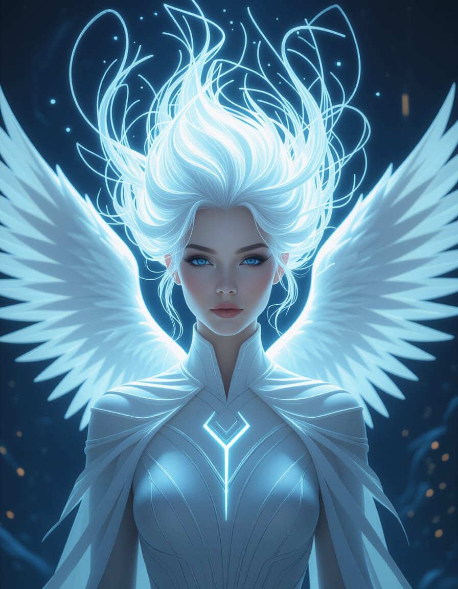 Futuristic Angel with Luminous Geometric Hair