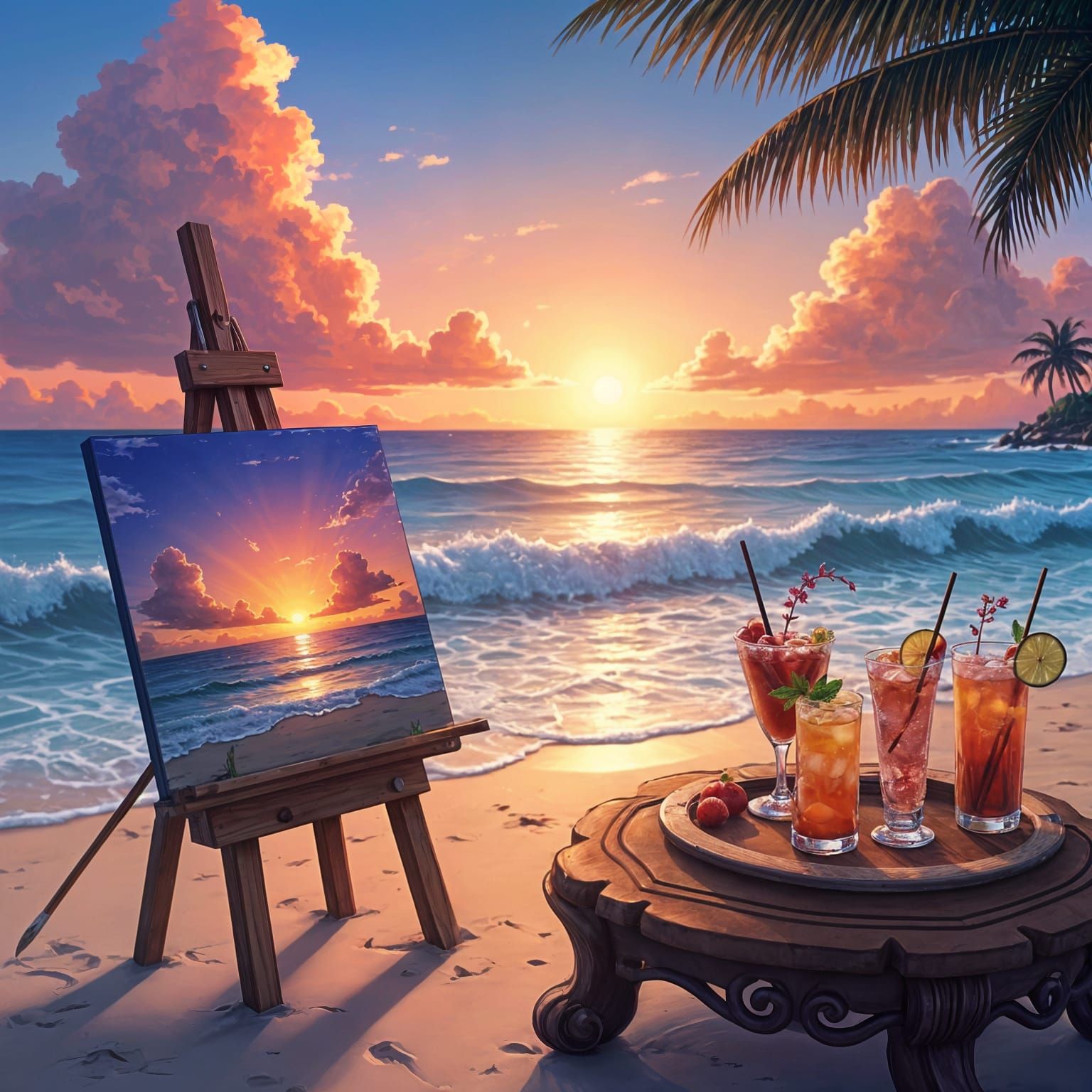 Magical Sunset Beach Scene with Artist's Easel
