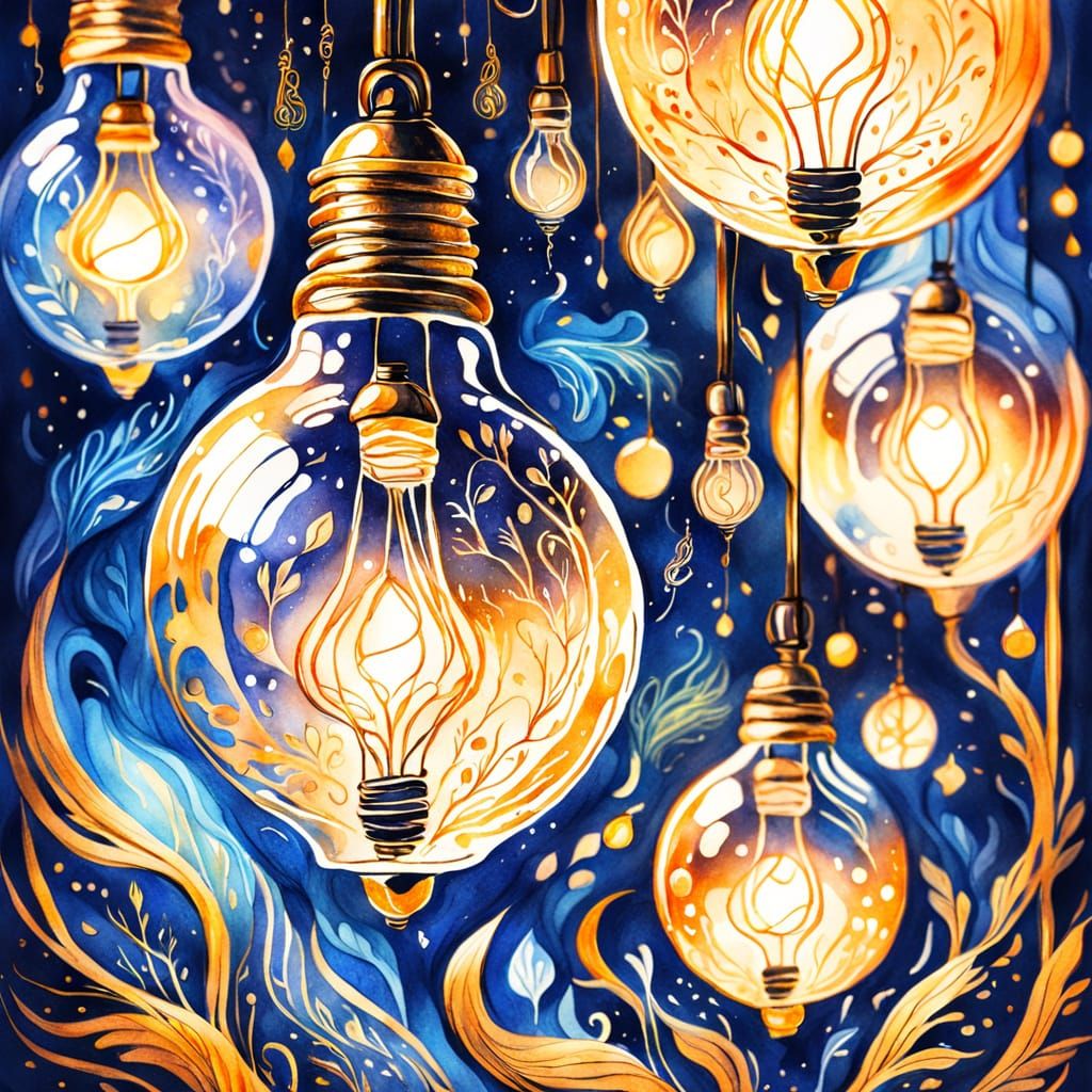Mystical World Inside Light Bulb: Watercolor Sketch