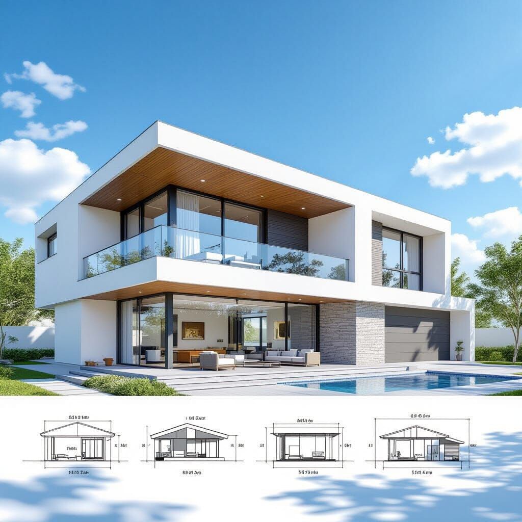 Modern Country House Architectural Rendering in Cartoon Styl...