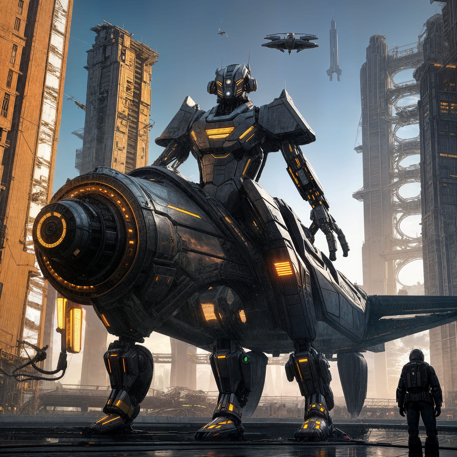 Cyberpunk Titan of War in Near-Future Metropolis