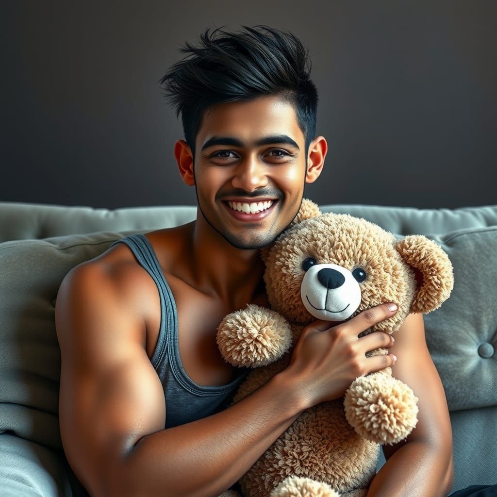 Young Man Hugging Teddy Bear, Hyperrealistic Portrait