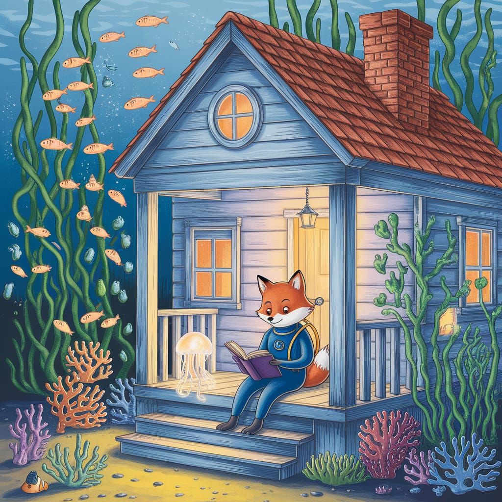 Underwater Cottage with Fox in Diving Suit
