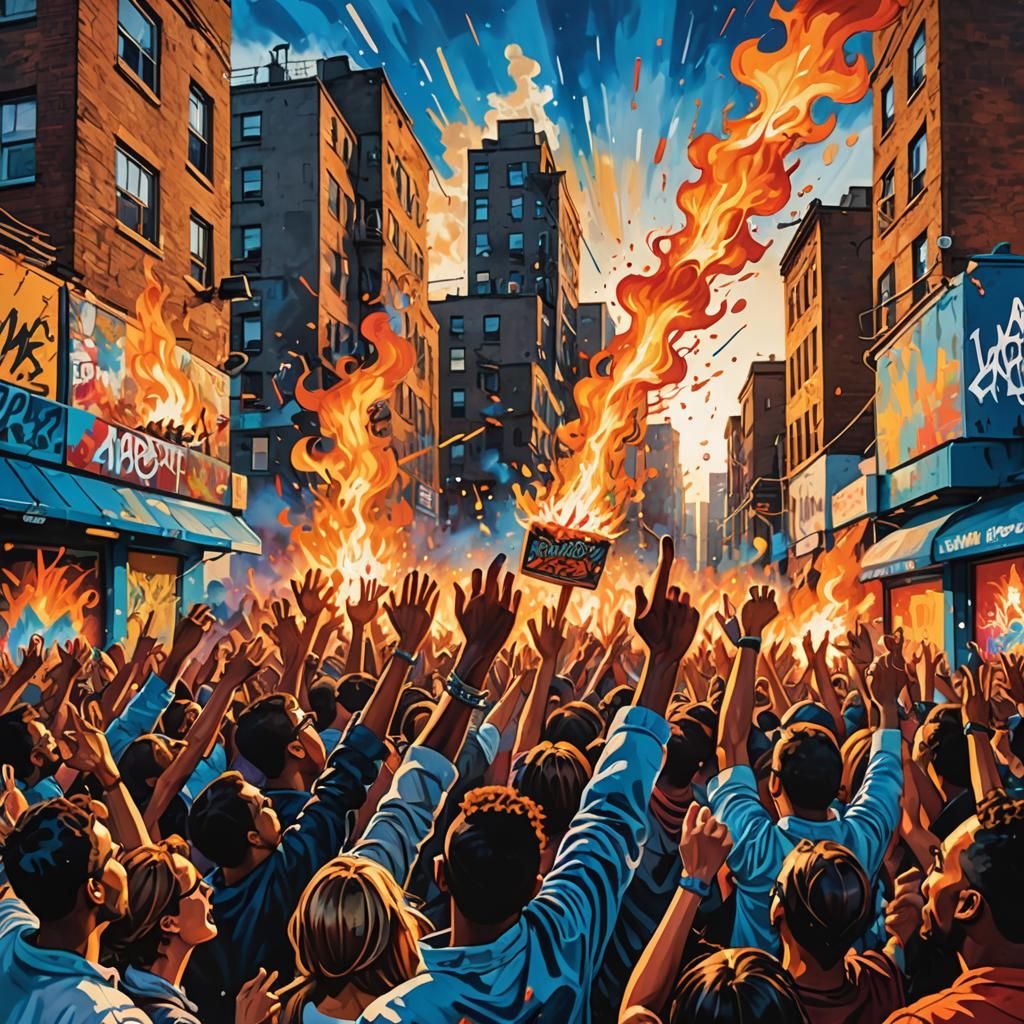 Energetic Street Art: Crowd Ignites Cityscape in Gouache