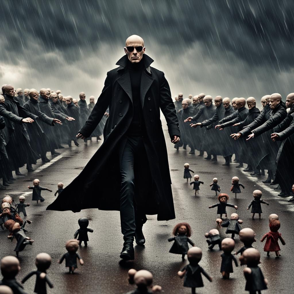 Dancing Man with Killer Dolls in Stormy Landscape