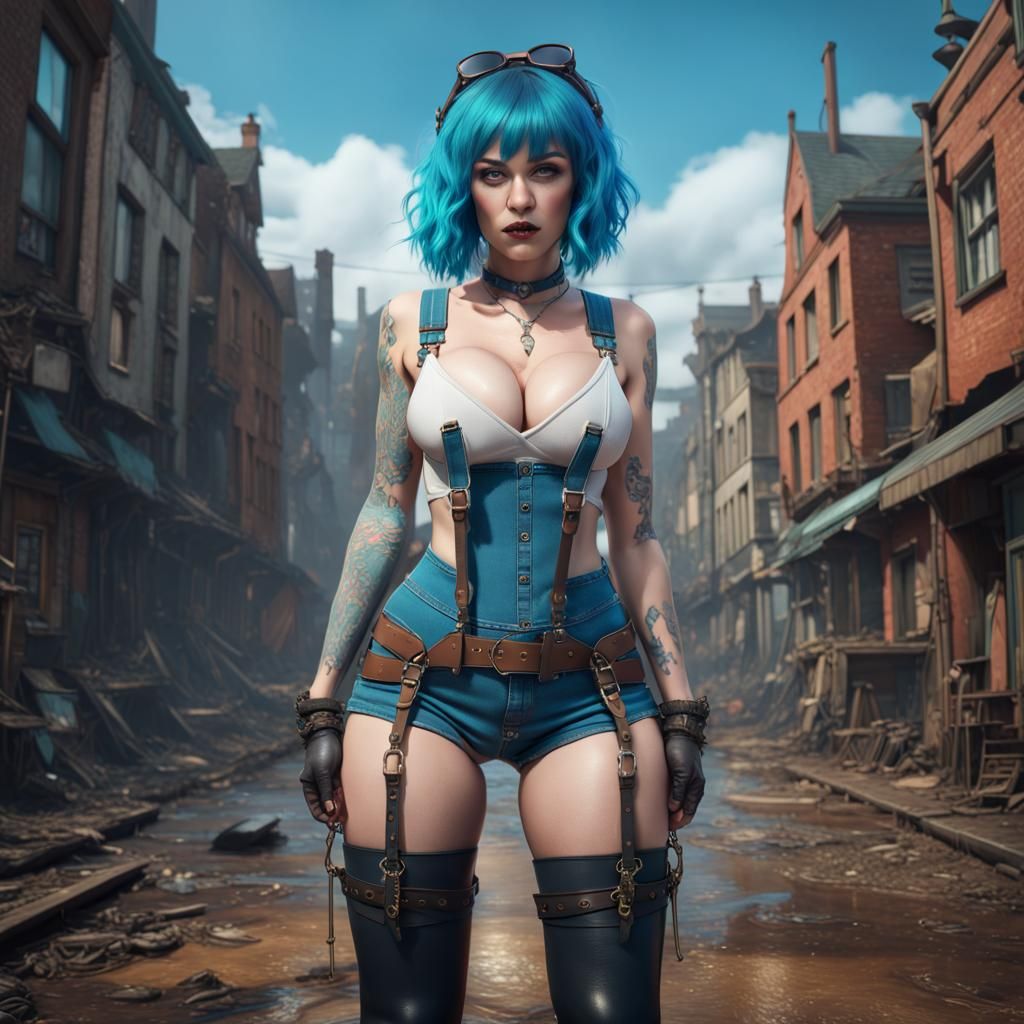 Blue-Haired Woman in Boots: Detailed Digital Painting