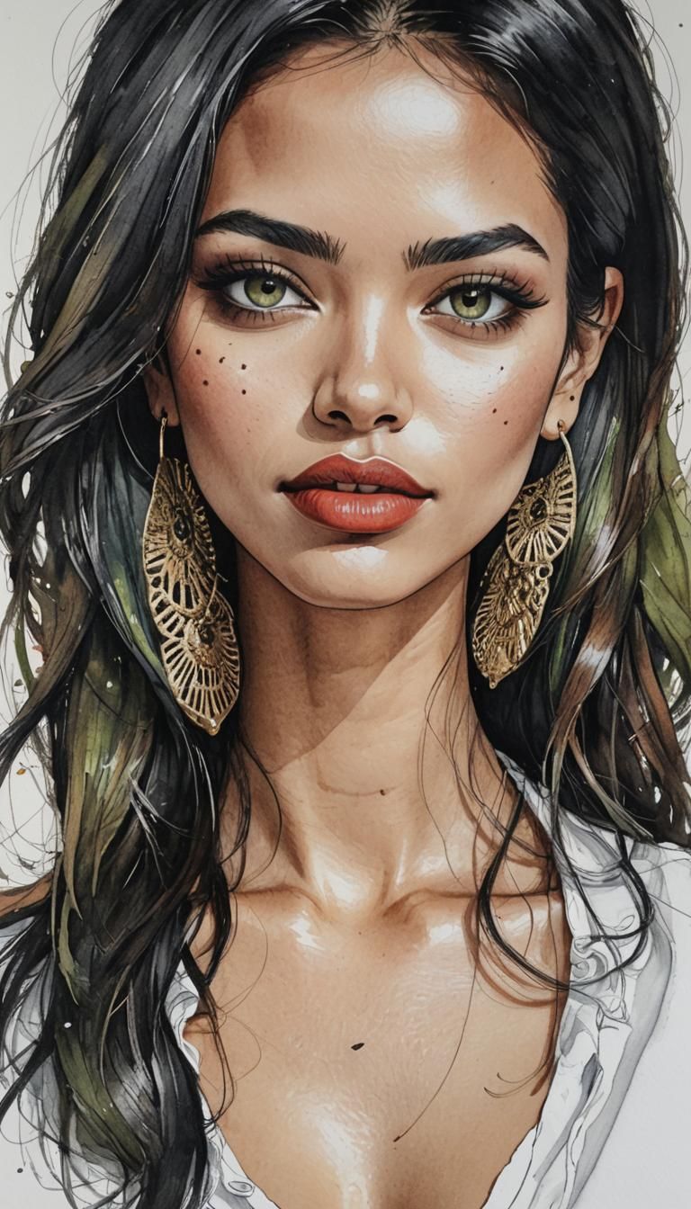 Colombian Girl Portrait in Pen and Ink Style