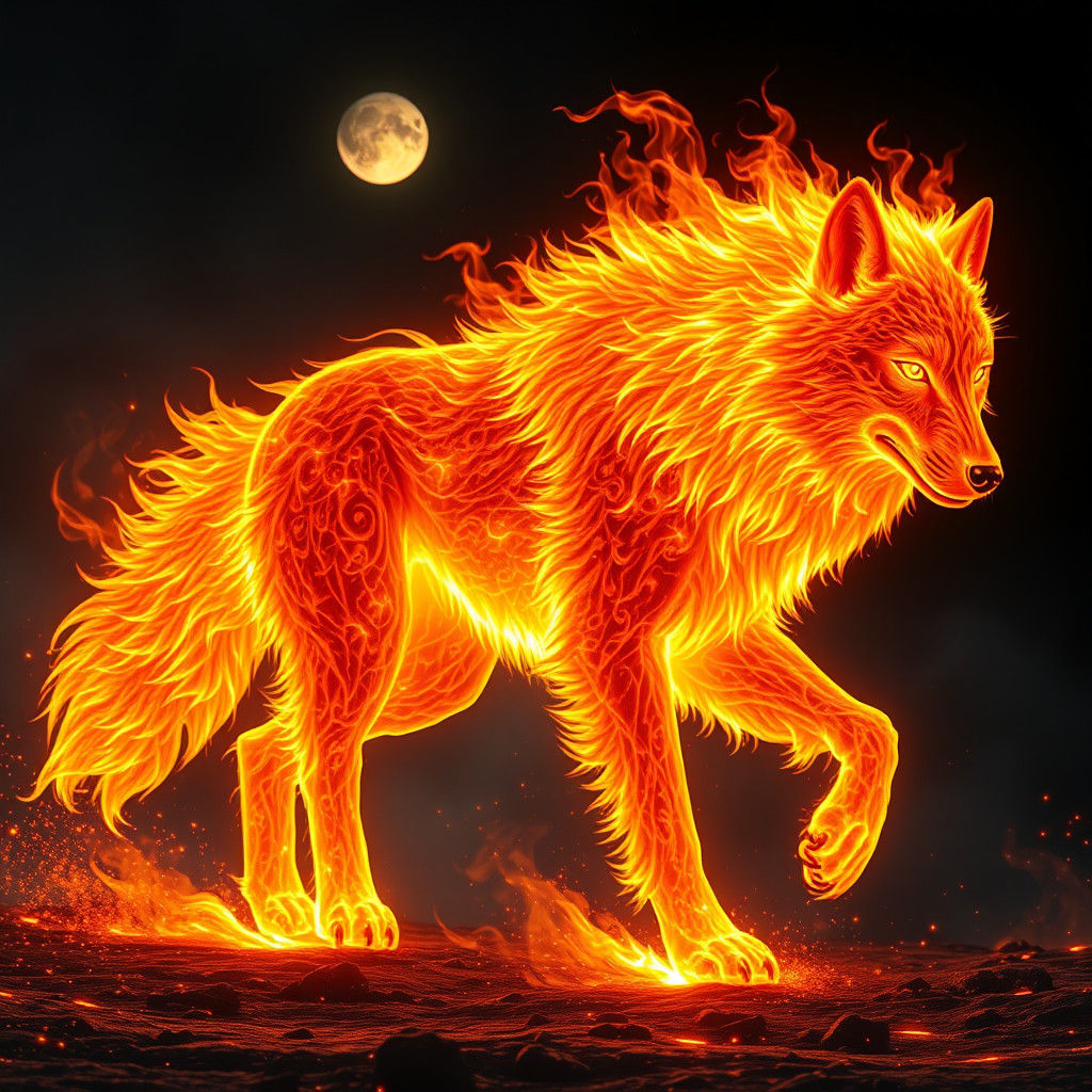 Majestic Lava Wolf Walking in Fire Flames