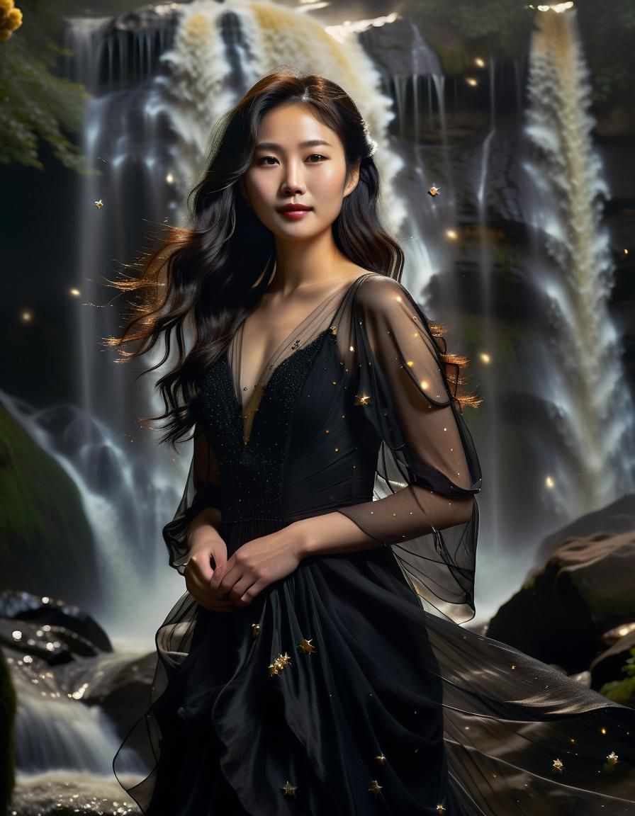 Korean Woman Portrait with Waterfall in Renaissance Style