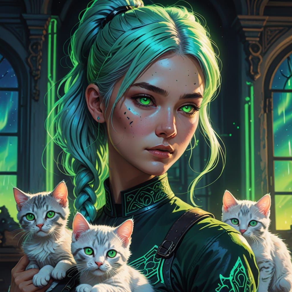 Girl with Kittens in Mansion: Vibrant Digital Art