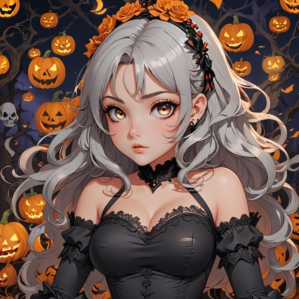 Halloween Anime Girl in Cel-Shaded Style