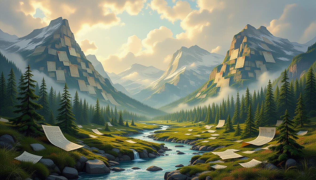 Ethereal Landscape of Map Mountains and Parchment Rivers