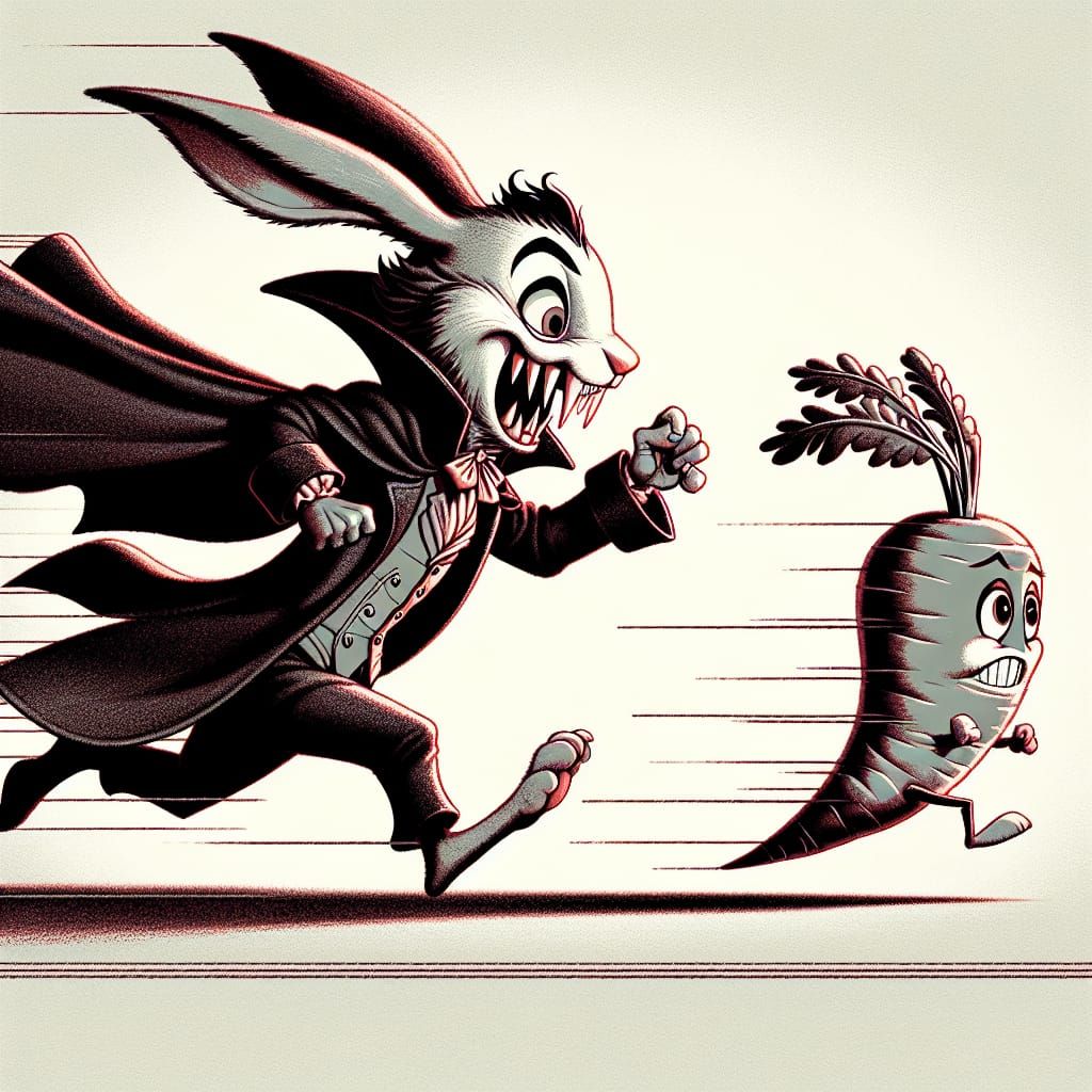 Gothic Rabbit Chases Carrot in Theatrical Cartoon Style