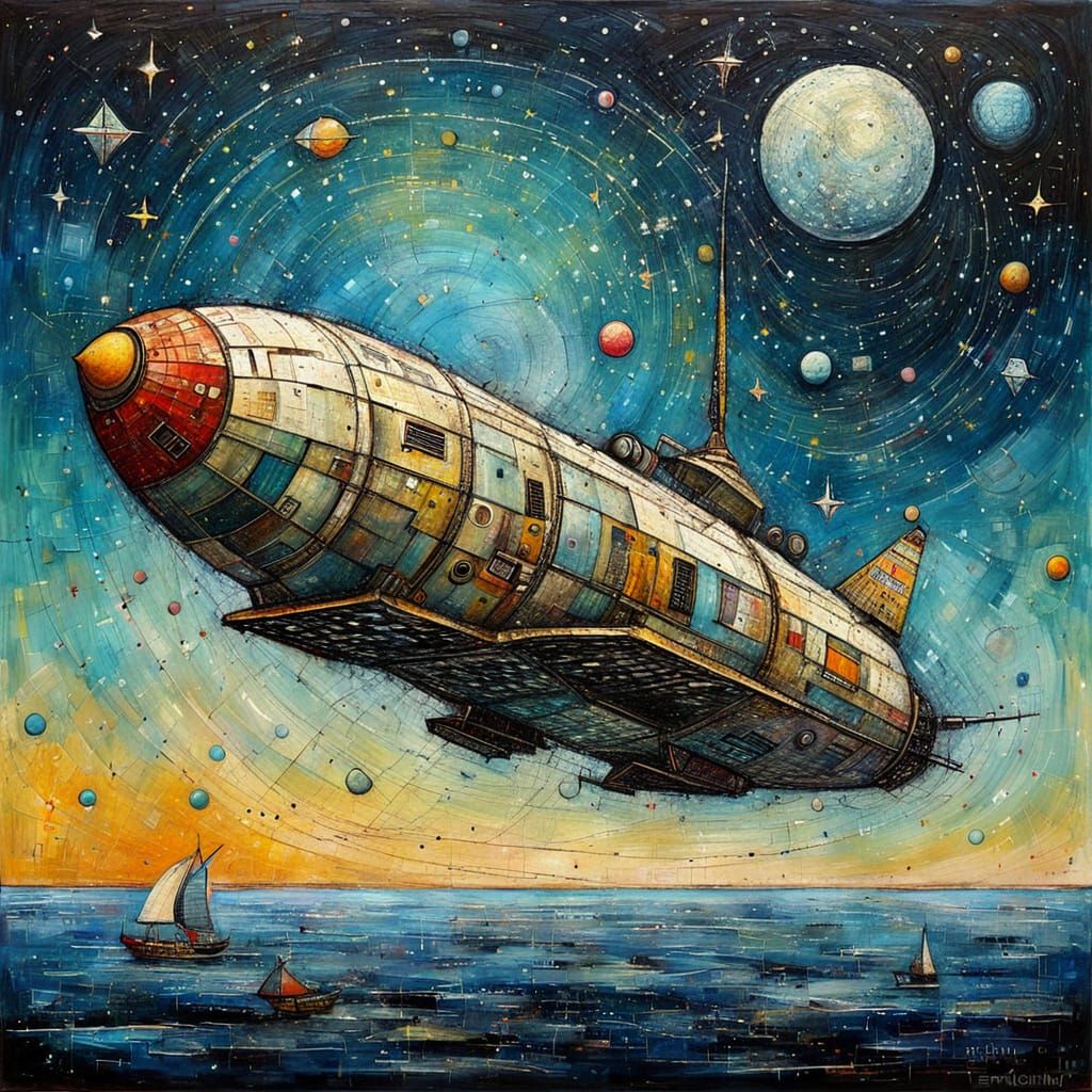Spaceship Exploring Stars in Textured Encaustic Style