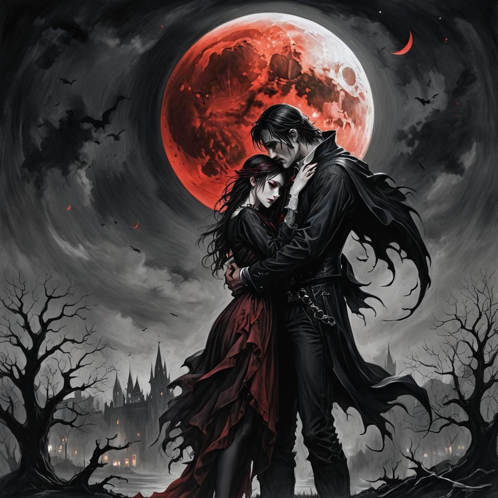 Gothic Man's Sorrow Under Blood-Red Moon