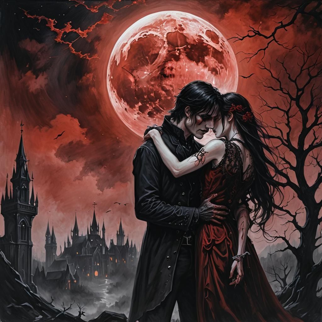 Gothic Man Embraces Beloved Under Blood-Red Moon