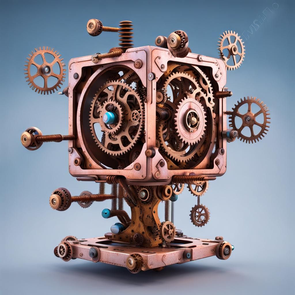 Steampunk Flying Cube with Mechanical Tree
