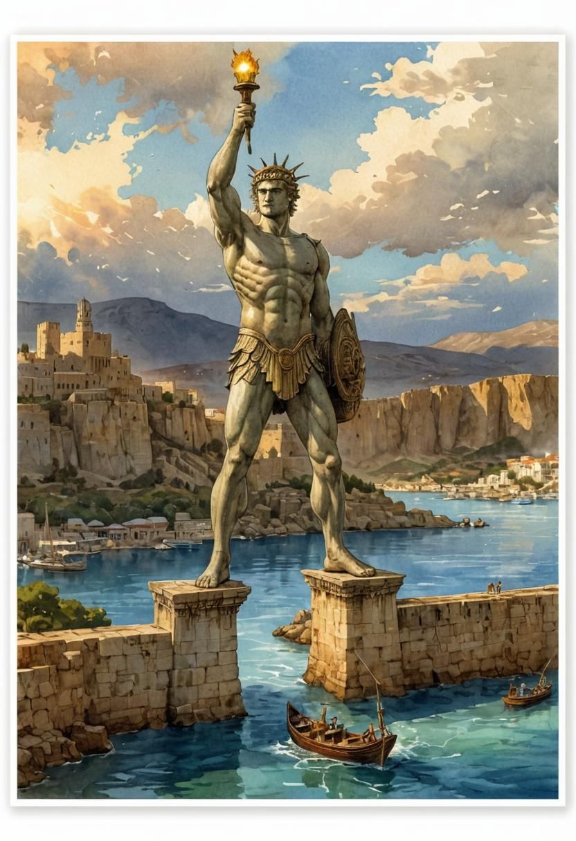 Colossus of Rhodes Watercolor Comic Book Art
