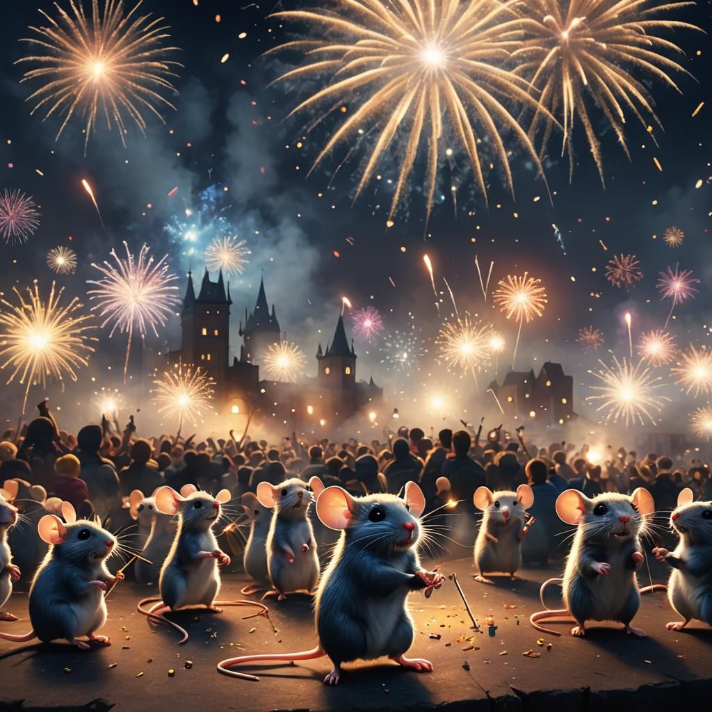 Hyperrealistic Mouse Concert with Fireworks Display