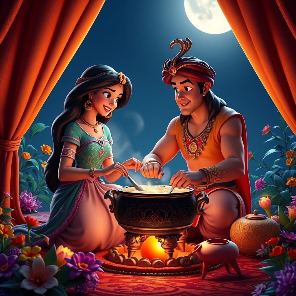 Princess Jasmine and Aladdin Cook Under a Full Moon