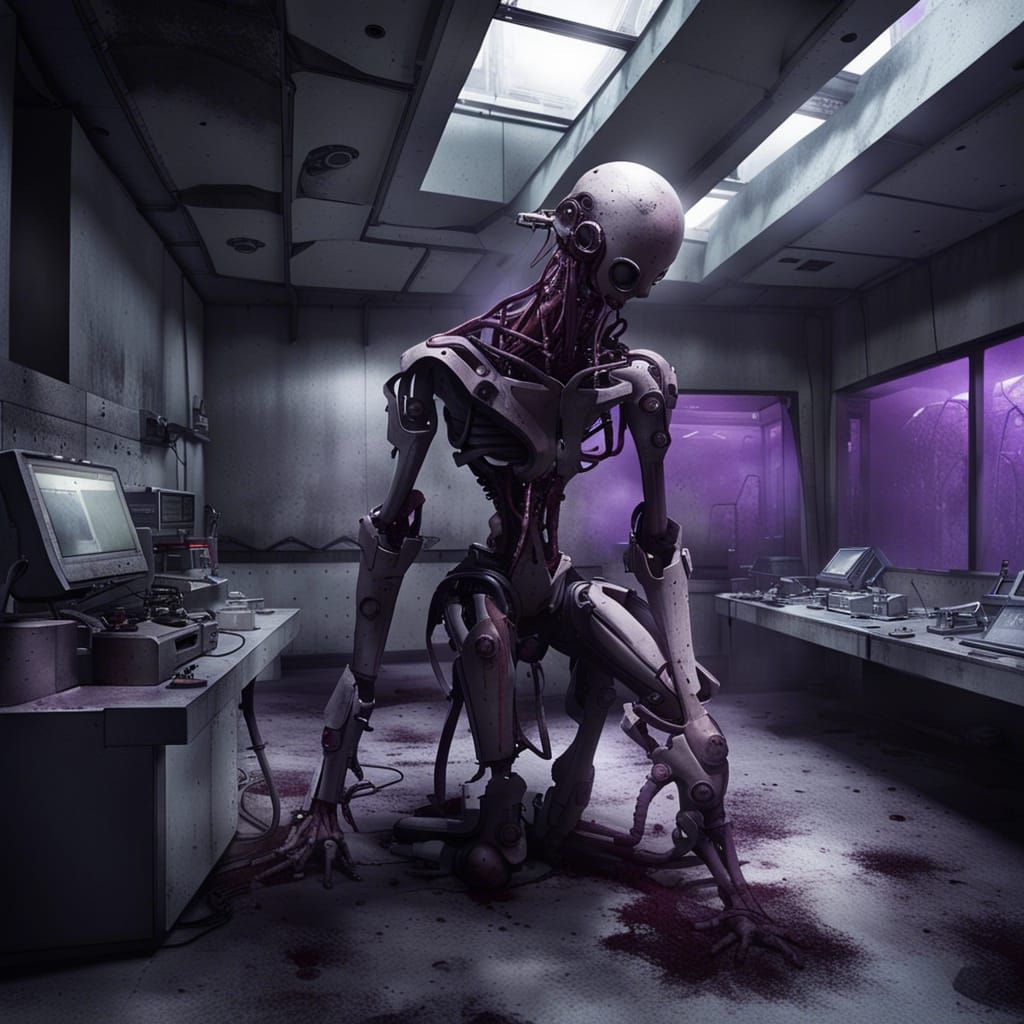 Eerie Abandoned Sci-Fi Lab with Mechanical Humanoid