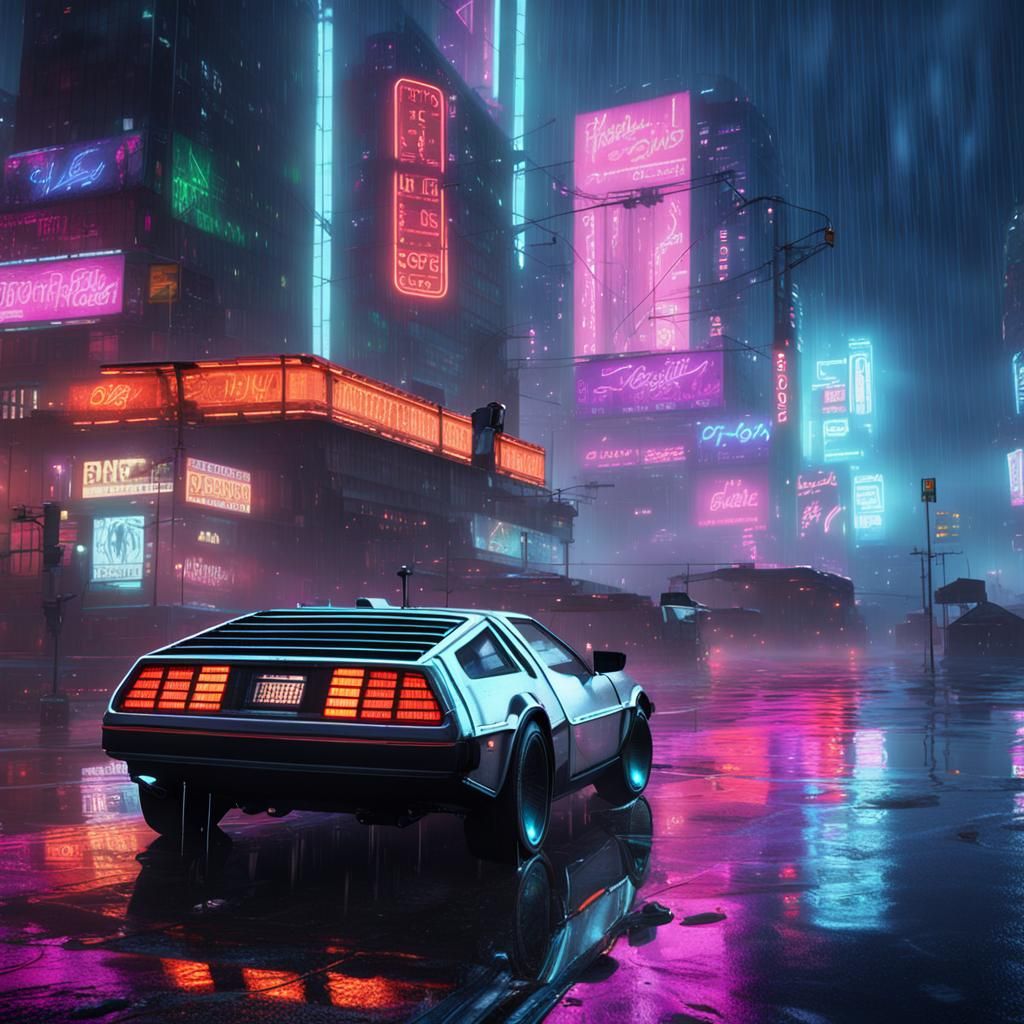 Cyberpunk DeLorean in Neon Cityscape