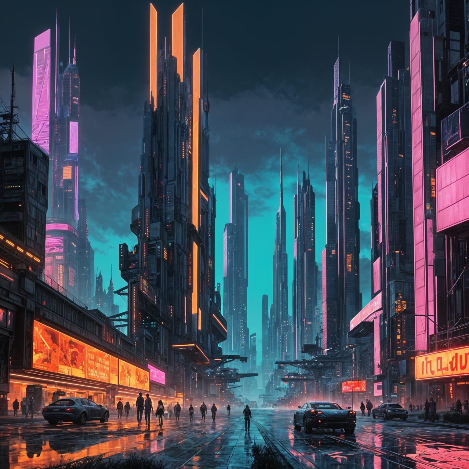Cyberpunk Grassland Cityscape at Sunset