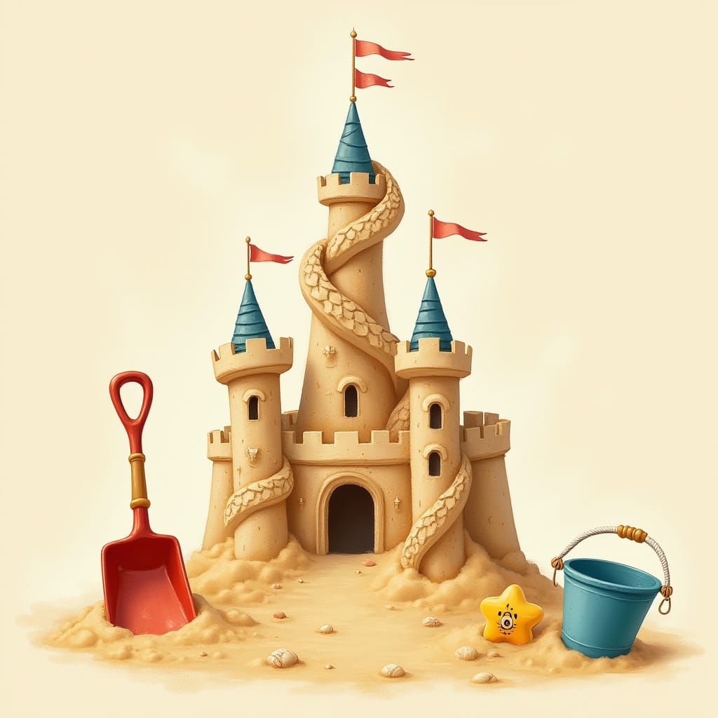 Dreamy Beachside Sandcastle with Vibrant Red Shovel and Deli...