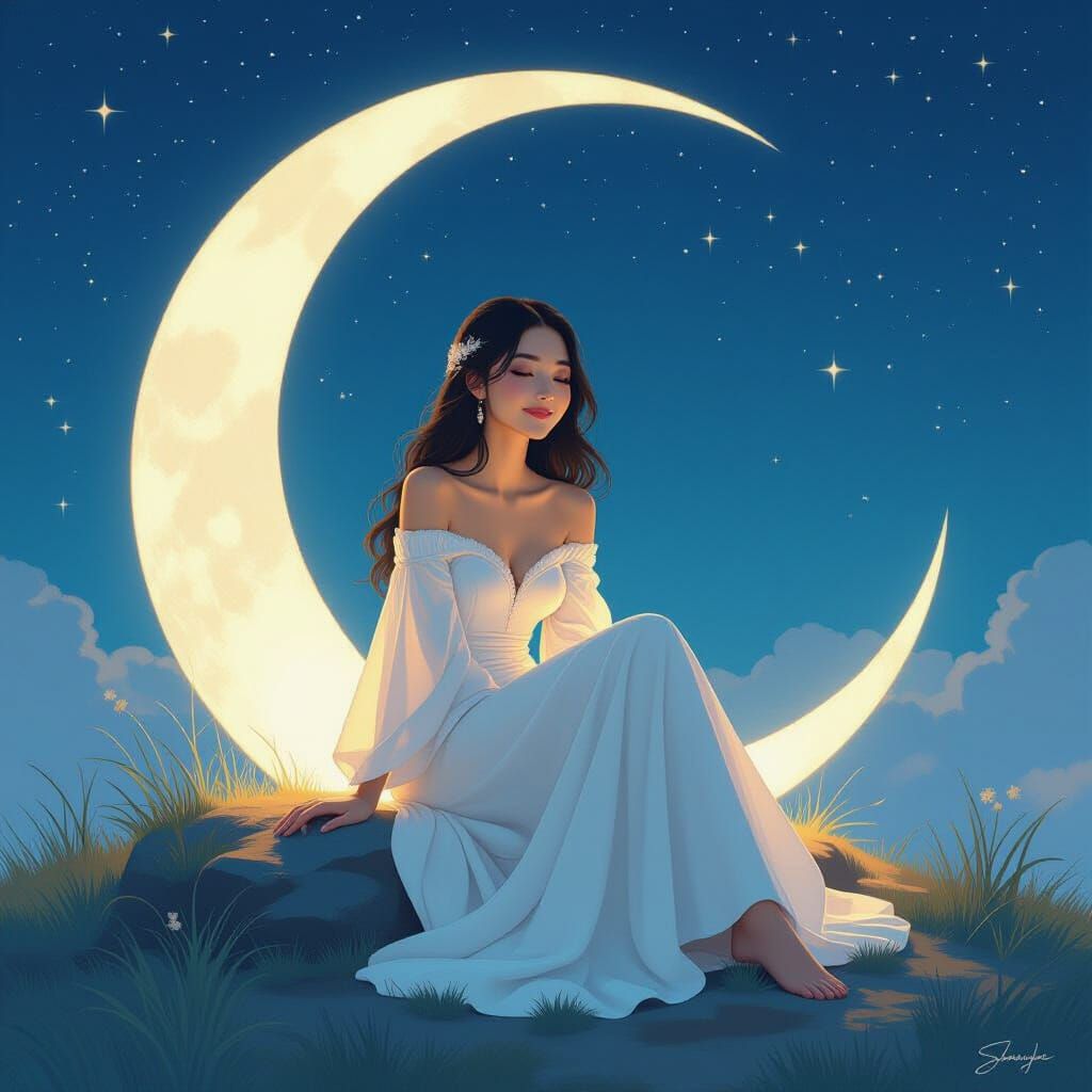 Woman in Moon: Oil Painting in Gurney Style