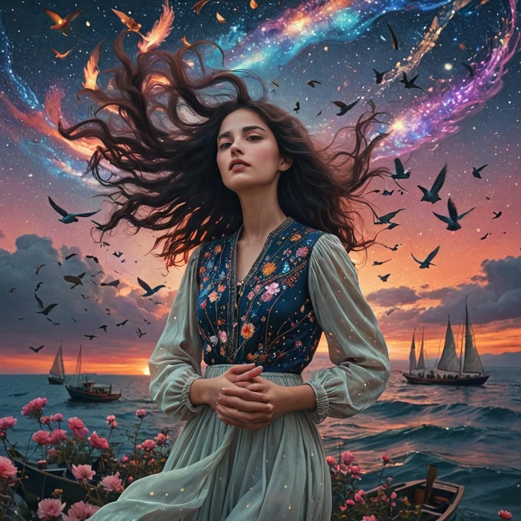 Woman Holding Galaxy: Vibrant Digital Art