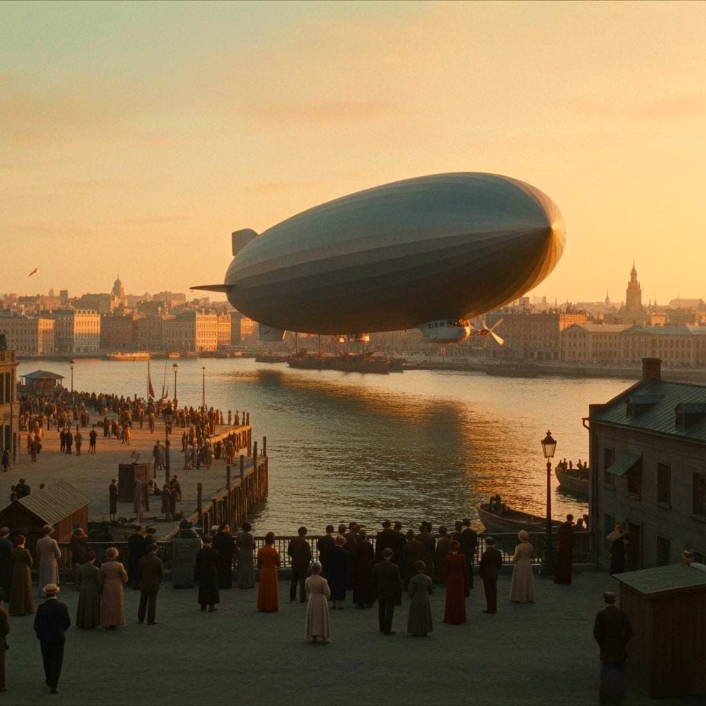 Zeppelin Docks at Cityscape Waterfront: Vintage Archive Stil...