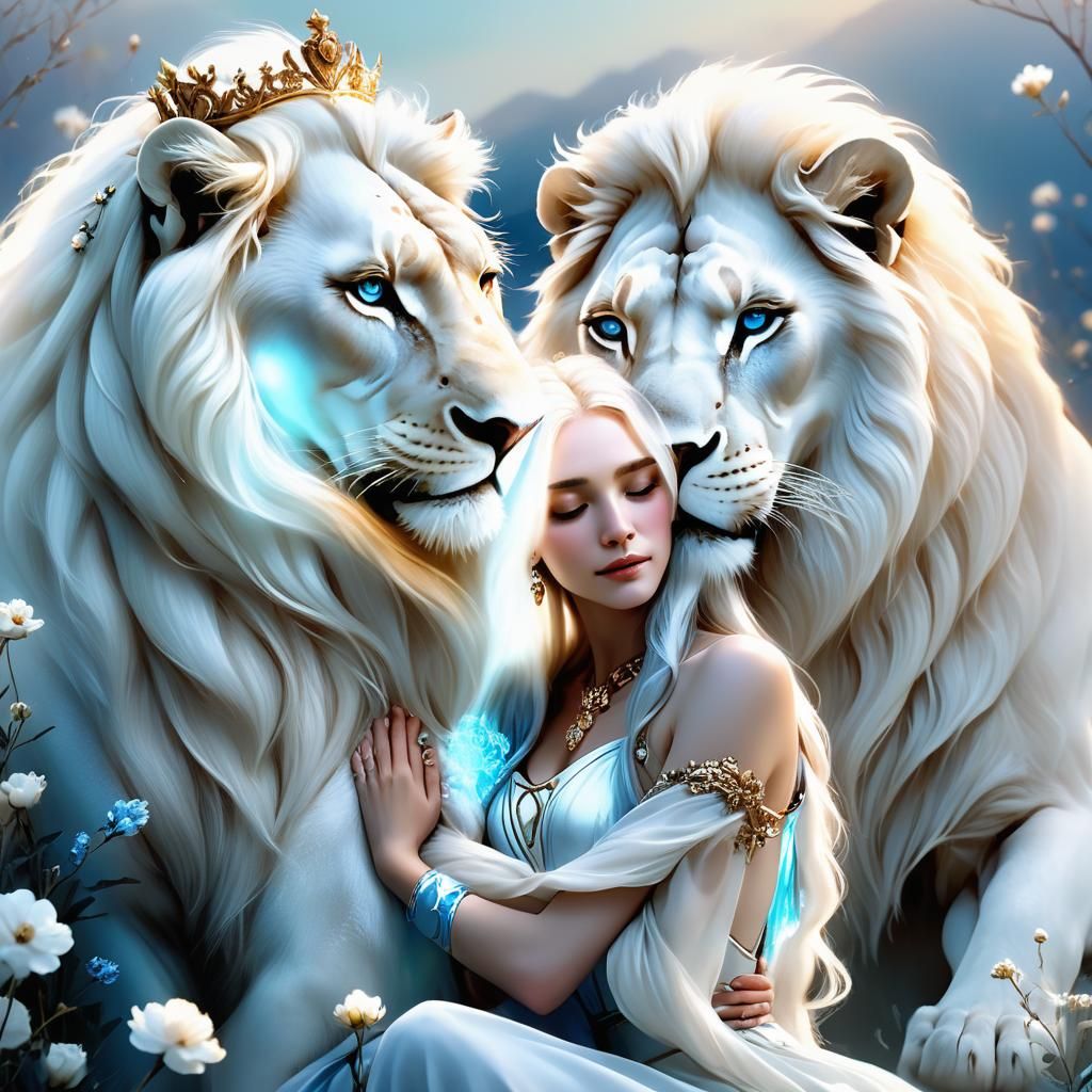 Ethereal Girl Hugs Lion in Fantasy Landscape