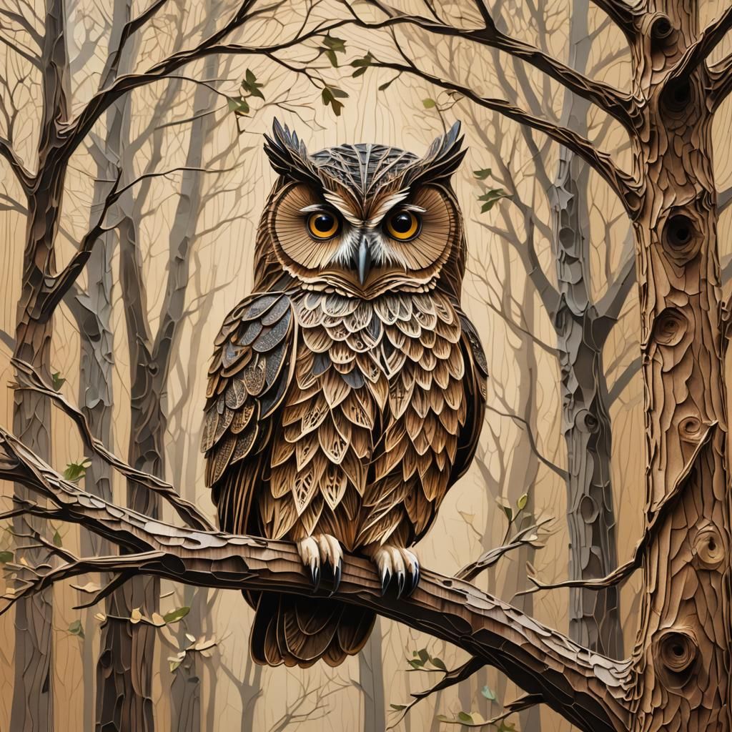 Wise Owl in Forest: String Art Illustration
