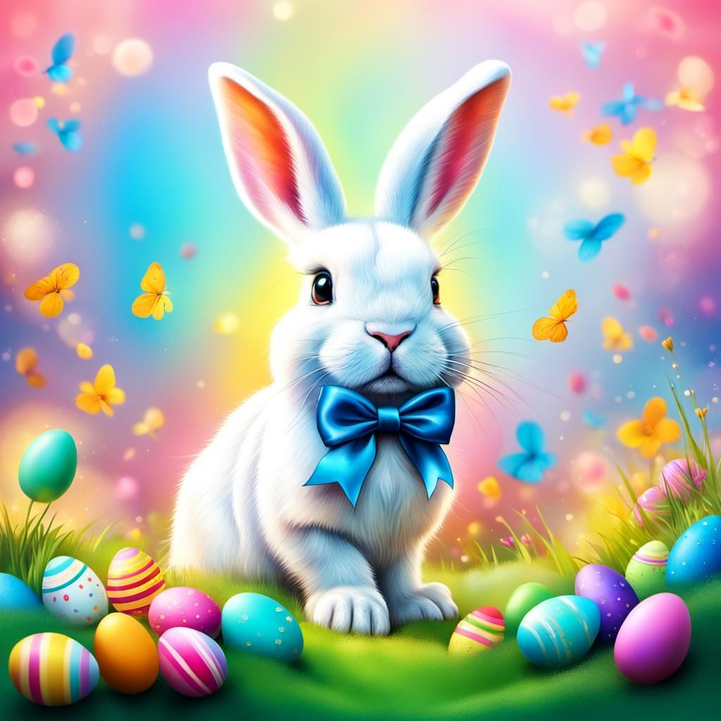 Hyperrealistic Easter Bunny in Colorful Landscape