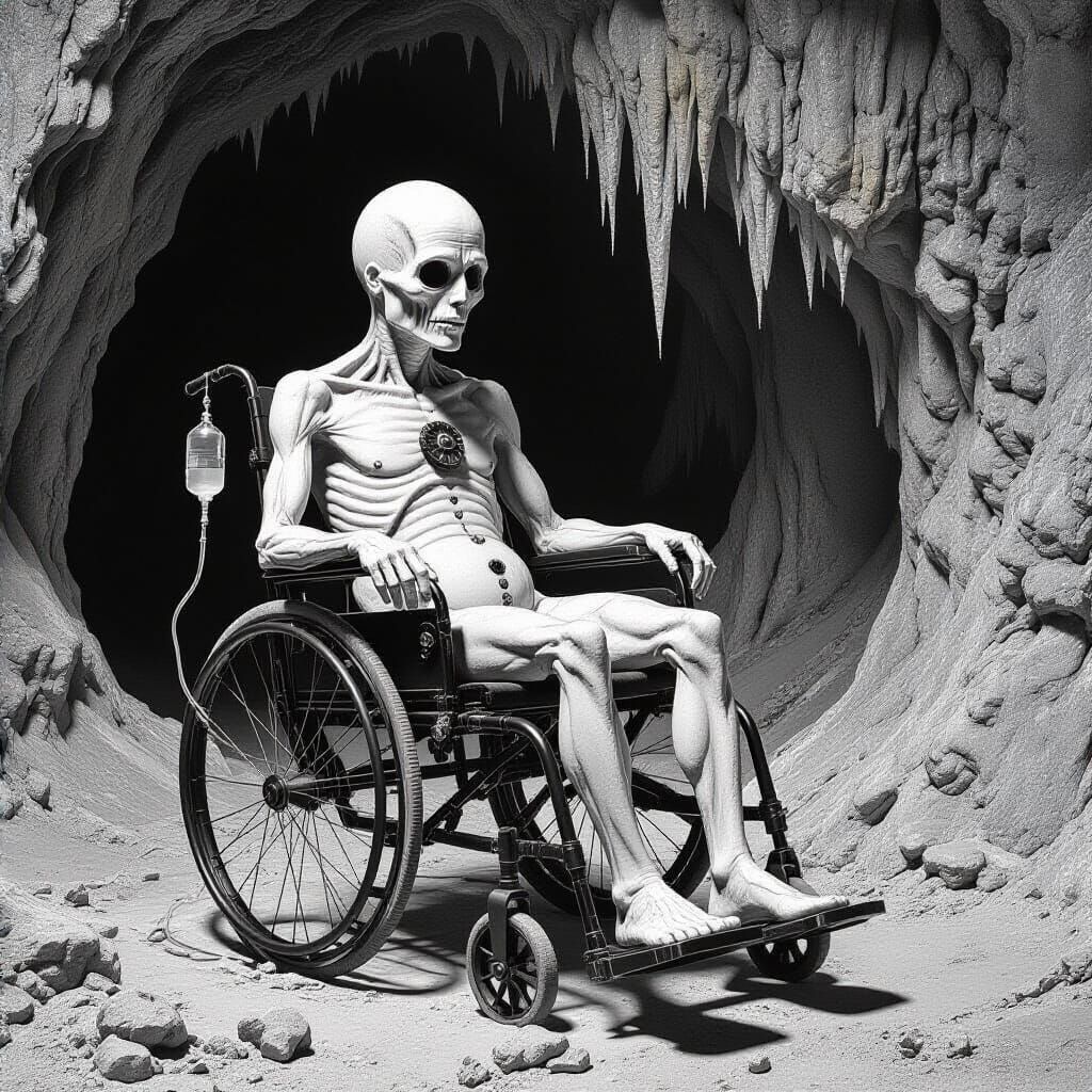 Surreal Torso in Wheelchair in Beksiński-Inspired Cave