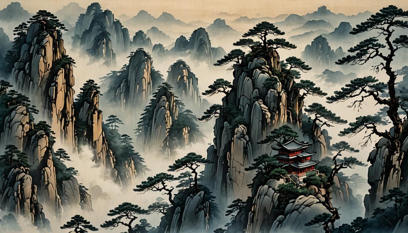 Huangshan Mountains Waterfall in Sumi-e Style