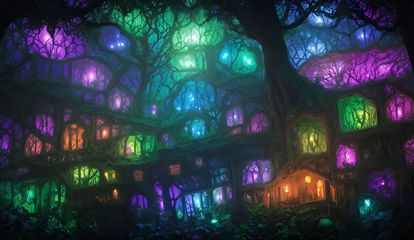 Bioluminescent Cottage in Mystical Dark Fantasy Forest