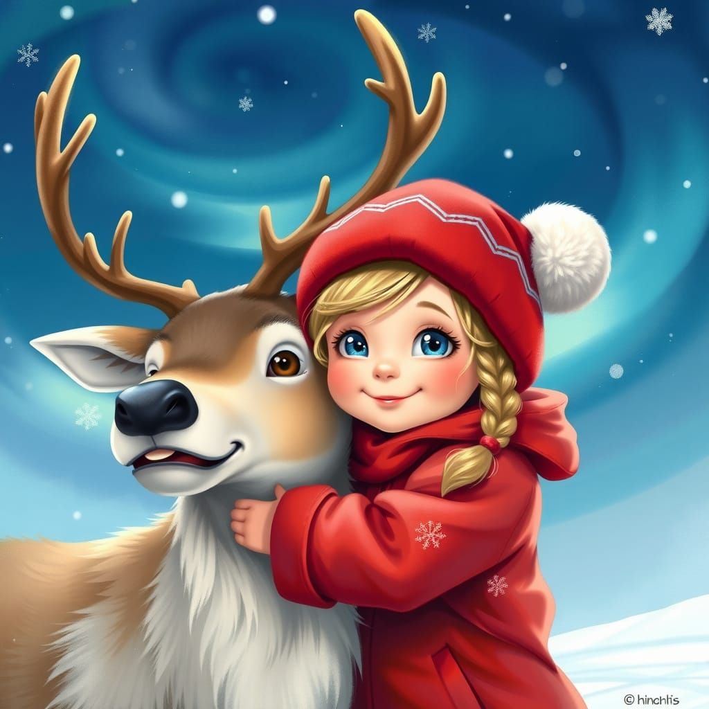 Girl Hugs Reindeer in Snowy Wonderland Digital Painting