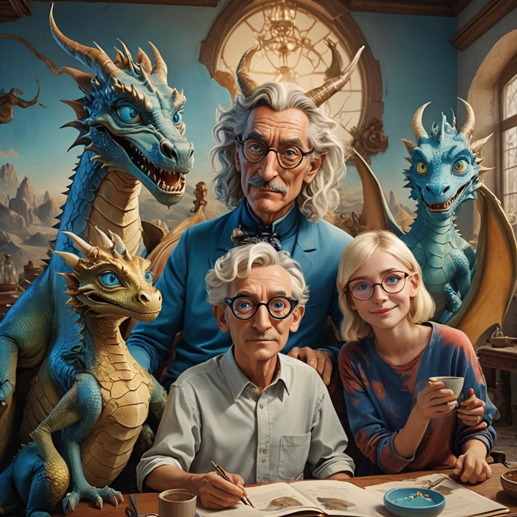 Friendly Dragon with Grandchildren, Digital Matte Painting
