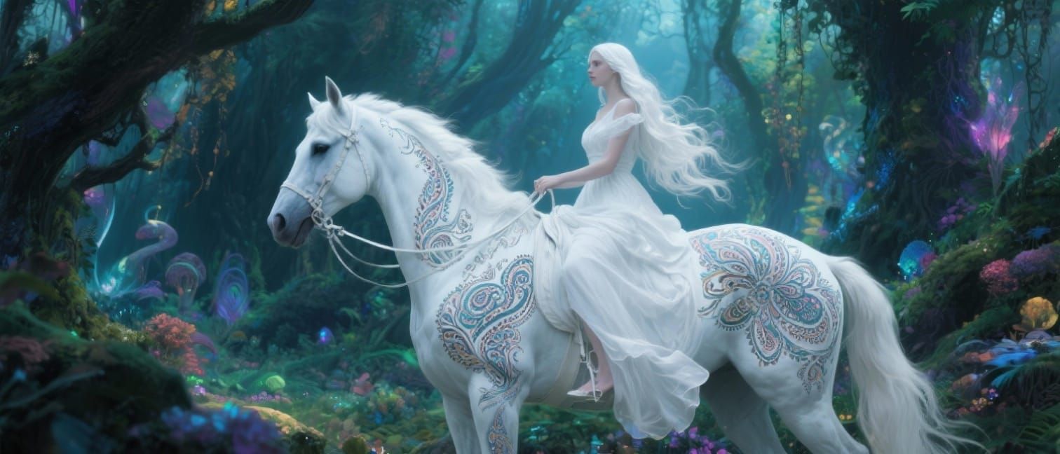 Enchanted Forest Journey: Woman on Paisley Horse