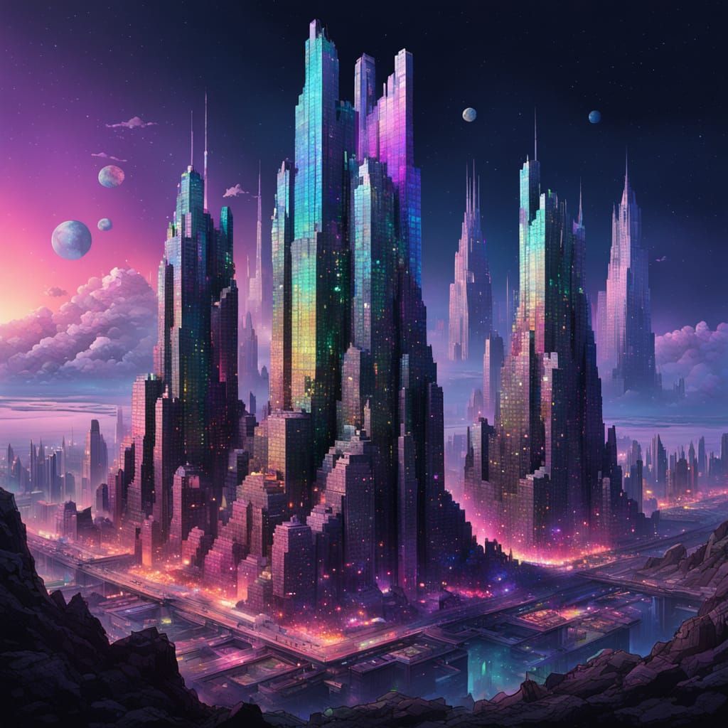 Bismuth Crystal Skyscrapers in Ancient Futurism Style