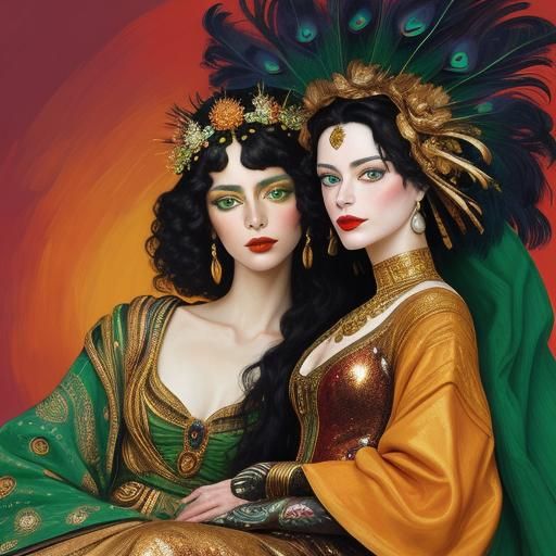 Metallic Woman with Peacock Feathers, Digital Painting