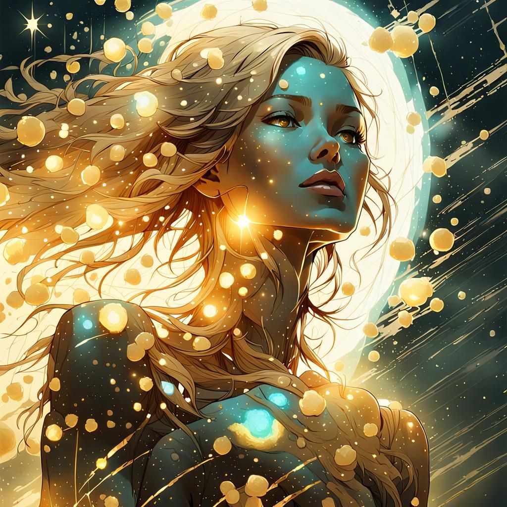 Bioluminescent Girl as Golden Constellation in Sunlight