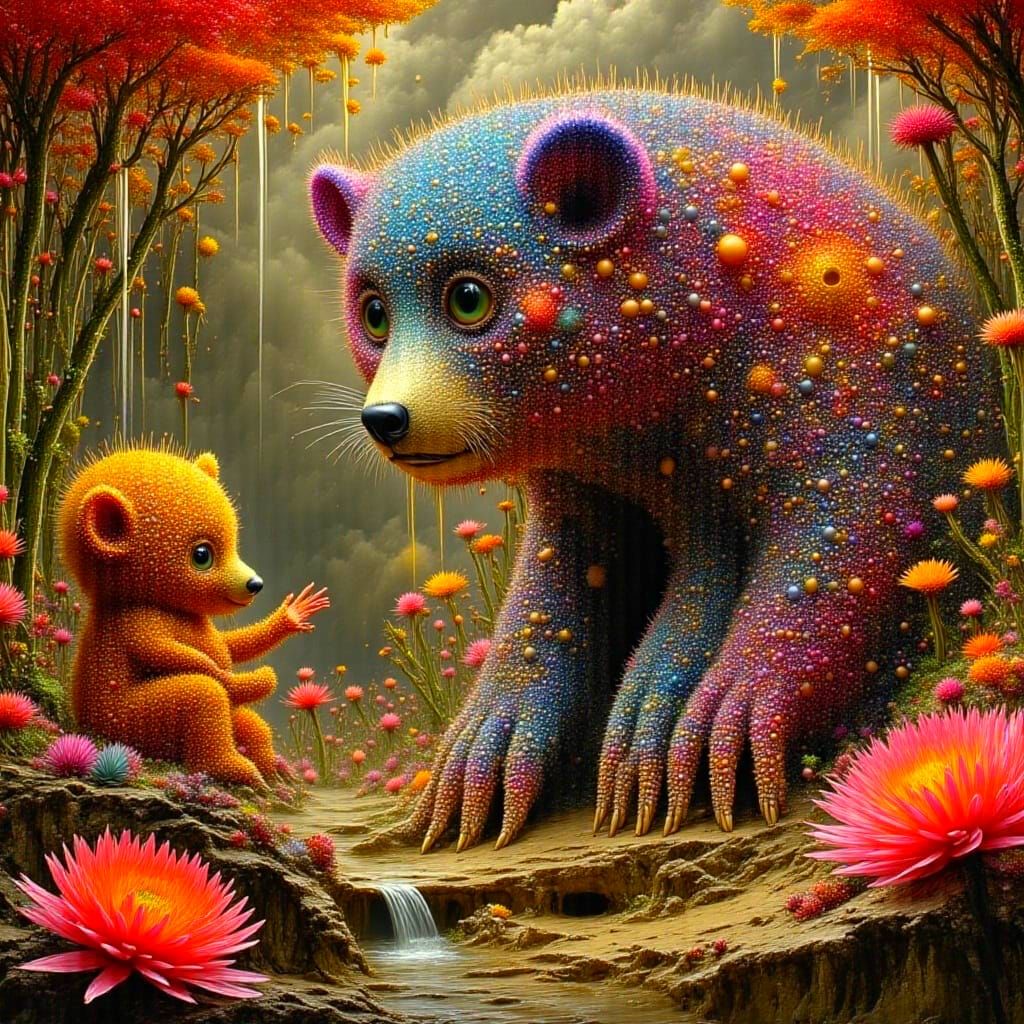 Whimsical Iridescent Bear Cub on a Mountain in Vibrant Hyper...